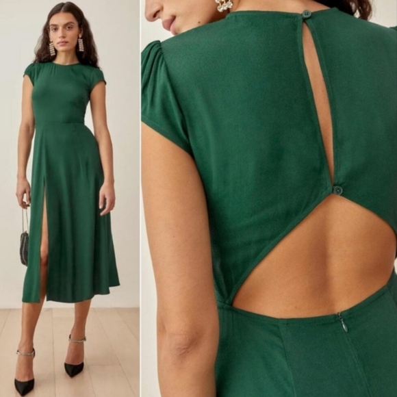 NEW Reformation Gavin Dress Emerald Green Midi Size 0 Open Back Short Sleeve - Picture 3 of 11